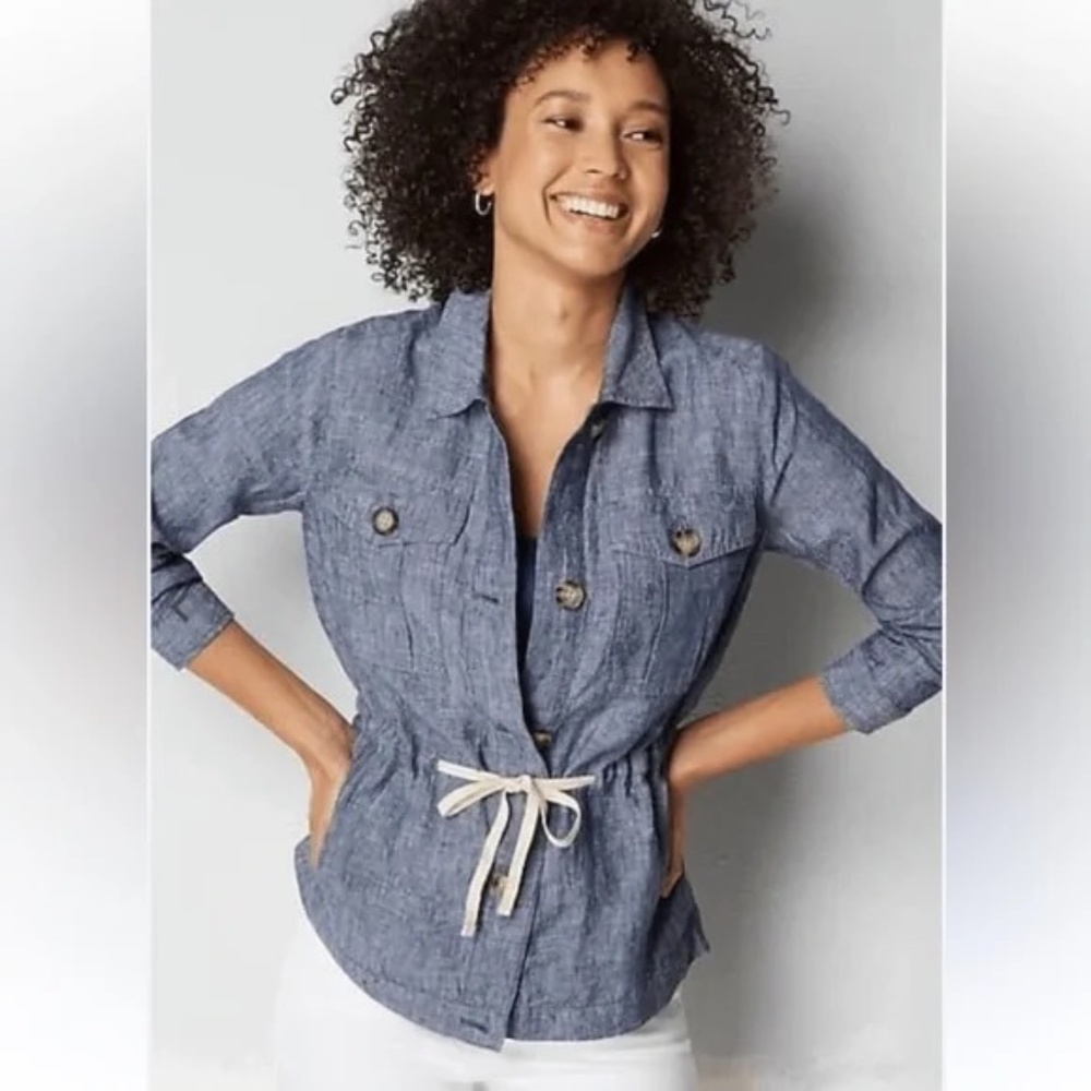 J. Jill Linen Blue Button Up Utility Jacket with Tie Waist Size L pockets